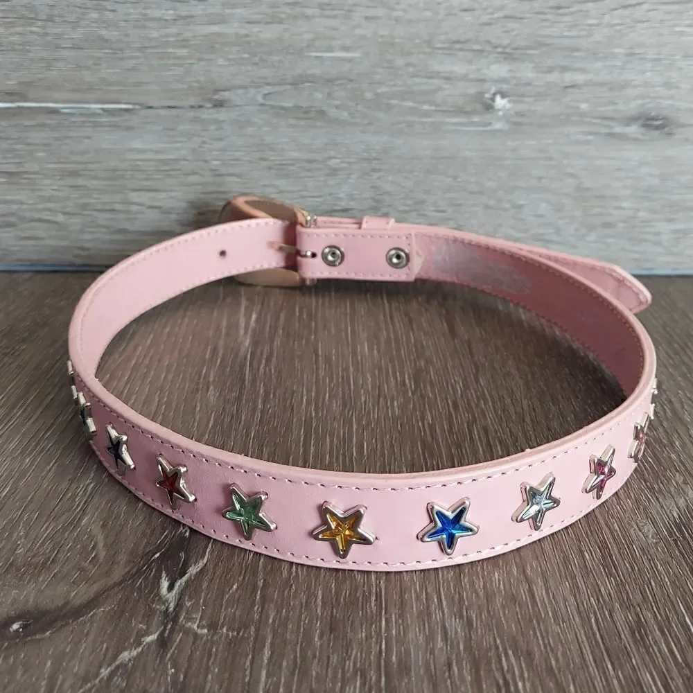 Nocona Girls Pink Leather Western Belt with Multicolored Star Studs 26